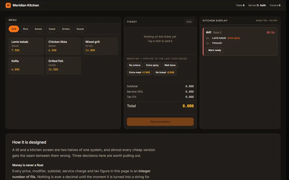 Restaurant till and kitchen display — system design sample
